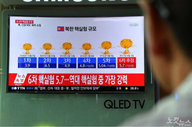 지난해 9월 북한이 조선중앙 TV를 통해 ICBM 장착용 수소탄 시험에 성공했다고 발표했다. (사진=윤창원 기자/자료사진)