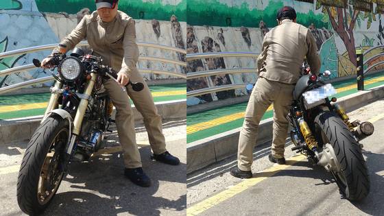 시동이 걸리지않은 상태에서 무거운 모터사이클을 안전하게 방향전환하는 방법은 바이크의 좌측에서 옆 엉덩이를 시트에 밀착시키며 몸으로 지탱해 A자 형태를 유지하는 방법이다. [사진 현종화]