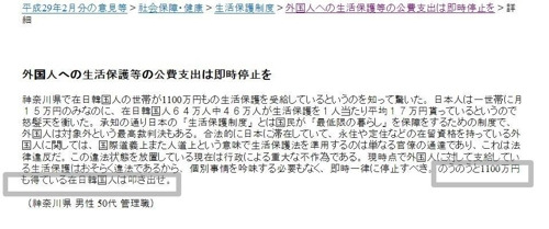 내각부 홈페이지에 게재된 모니터 요원의 재일한국인 비난글. ""태평하게 1천100만엔(약 1억770만원)이나 벌고 있는 재일한국인은 쫓아내자"(검정색 박스)라는 혐한 내용이 들어있다. [내각부 홈페이지 캡처]