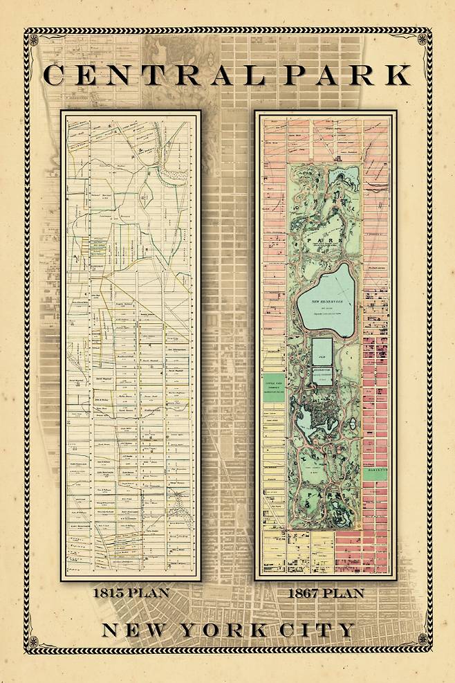 뉴욕 센트럴파크 개발 지도. 산처럼 제공
