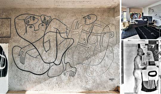 왼쪽부터 시계방향으로 아일린 그레이가 설계한 ‘E. 1027’에 르 코르뷔지에가 그린 벽화 ‘마르탱 곶의 낙서’. 복원된 ‘E. 1027’ 거실에 그린 르 코르뷔지에의 벽화. (출처 = https://www.yellowtrace.com.au/eileen-gray-villa-e-1027/) 완전히 벌거벗은 채 무단으로 ‘E. 1027’의 외벽에 벽화를 그리고 있는 르 코르뷔지에.