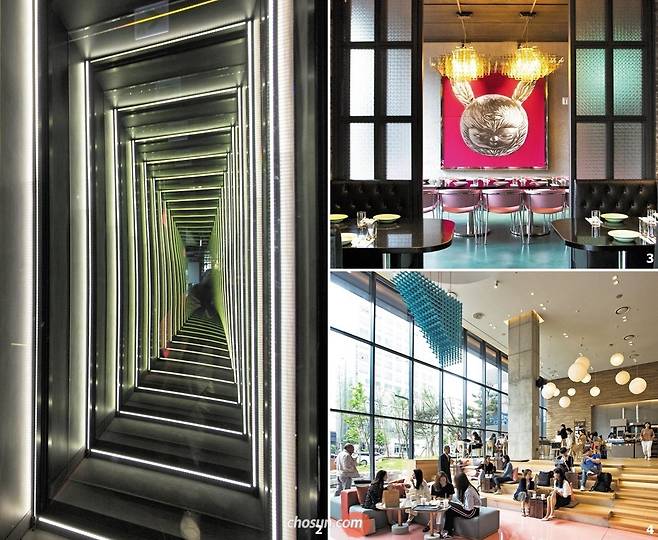 2 롱침 레스토랑 화장실. 무한한 공간감을 느끼게 해달라는 레스토랑 오너의 주문으로 탄생했다. 3 라이즈 호텔 롱침 레스토랑. 알렉스 페이스의 작품이 걸려 있는 방은 파티를 원하는 이들을 위해 완전 개방할 수 있게 설계됐다. 4 라이즈 호텔 1층에 있는 타르틴 베이커리. 학생들도 부담없이 호텔에 들르게 하기 위해 대중적이면서 한창 인기 있는 브랜드를 골랐다./이경호 영상미디어 기자