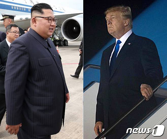 북미 정상회담을 이틀 앞둔 10일 김정은 북한 국무위원장이 싱가포르 창이공항에 도착하고 있다(왼쪽). 같은 날 도널드 트럼프 미국 대통령이 싱가포르 파야 레바르 공군기지에 도착해 전용기에서 내리고 있다. 김정은-트럼프는 12일 센토사섬 카펠라호텔에서 역사적인 북미정상회담을 갖는다. (싱가포르 국제미디어센터, AFP)2018.6.10/뉴스1