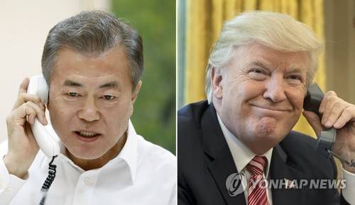 남북 정상회담 후 한미정상 통화 (서울=연합뉴스) 문재인 대통령이 28일 밤 청와대에서 도널드 트럼프 미국 대통령과 전화 통화를 하고 있다. 2018.4.28 [청와대 제공·EPA 자료사진=연합뉴스]      scoop@yna.co.kr