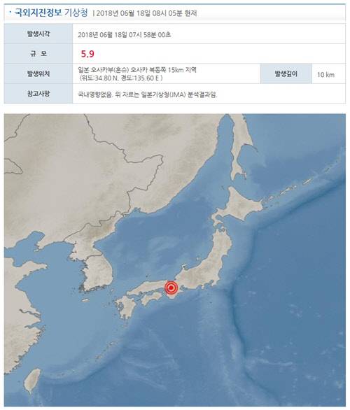 기상청은 18일 오전 7시58분 일본 오사카(大阪)에서 규모 5.9의 지진이 발생했다고 밝혔다. <기상청 날씨누리 홈페이지 캡처>