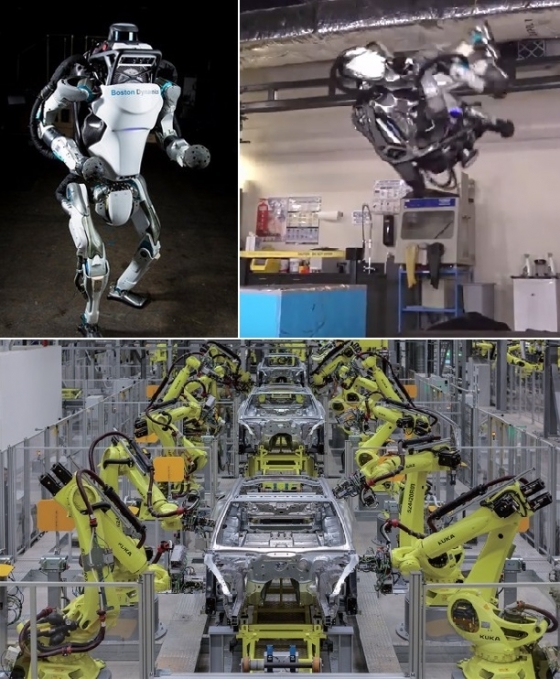 (위쪽 사진)일본 소프트뱅크가 구글로부터 인수한 보스턴다이나믹스가 개발한 인간형 로봇 '아틀라스'. 이족보행과 점프는 물론, 공중제비(백덤블링·오른쪽 사진)에 성공해 세상을 놀래켰다. 제원은 신장 150㎝, 무게 75㎏. /유튜브 동영상 캡쳐(아래쪽 사진)포르쉐의 생산거점인 독일 라이프치히 공장에선 대부분의 공정을 조립로봇이 담당한다 조립로봇을 만든 독일의 100년 로봇제조사 '쿠카'는 지난해 중국 가전업체 메이디그룹에 인수됐다. /사진제공=포르쉐