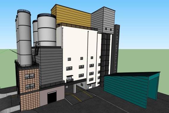 한통건업이 국내 최초로 부산 남구 용당동 공장용지에 건립한 14층 정도의 높이 '도심형 친환경 레미콘 공장' 조감도.