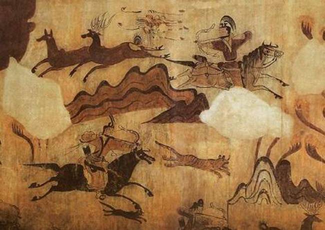 고구려 무영총 수렵도 : 고구려의 상무적 분위기에서 온달처럼 수렵 행사를 통해 신분 상승이 이루어질 수 있었다.