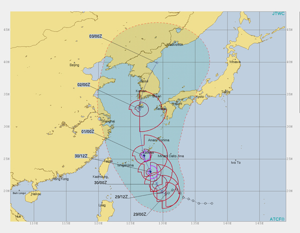 美 JTWC “태풍 ‘쁘라삐룬’ 한국 대각선 관통” 예측…대형 피해 우려(02/00Z=2일 오전 9시. 03/00Z=3일 오전 9시).