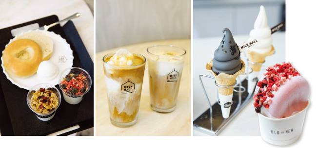 매장에서 판매하는 베이글과 리코타치즈, 요구르트. 인기 메뉴인 코코넛 라테와 크림폼 라테. 블랙 그레인 아이스크림과 밀크 소프트 아이스크림. 밀크 모나카 아이스크림(왼쪽부터).