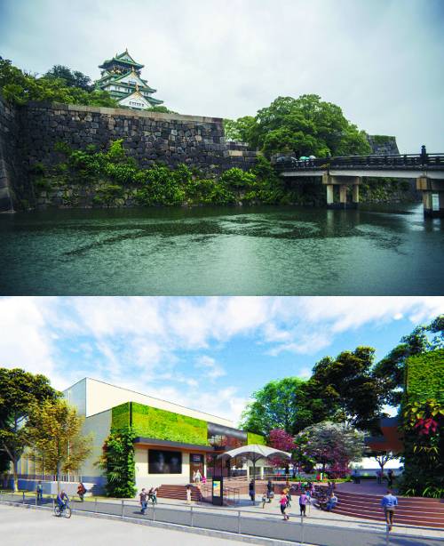 일본 3대 성에 꼽히는 오사카성(위). ‘쿨 재팬 파크 오사카’ 조감도(아래). 요시모토흥업 제공
