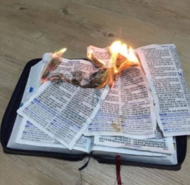 [사진=성체 훼손에 대한 비난 여론이 거세지만, 오히려 워마드 내부에서는 성경을 불태우고 사진을 찍는 등의 혐오 행위가 게속되고 있다.]