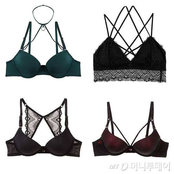 (상단)섹시쿠키 '오 마이 유스 초커브라' '엑스스트링 디테일 브라렛', (하단) 원더브라 블랙에디션 '버터 플라이브라' '스트링브라' /사진제공=섹시쿠키, 원더브라