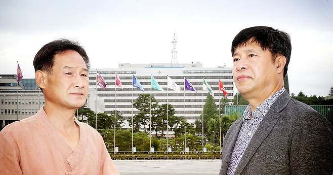 1989년 1월 5일 오후 7시 서울 종로구 연지동 기독교회관 3층 한국기독교교회협의회 인권위 사무실에서 `명예선언문'을 발표하고 군의 정치적 중립과 민주화를 촉구했던 이동균(오른쪽)씨와 김종대(왼쪽)씨<당시 육군 제30사단 공병대대 2중대장 이동균(30) 대위와 3중대 1소대장 김종대(26) 중위>가 30년이 지난 2018년 7월 11일 오전 서울 용산 국방부 앞에서 한겨레 토요판과 인터뷰를 하고 있다. 강재훈 선임기자 khan@hani.co.kr