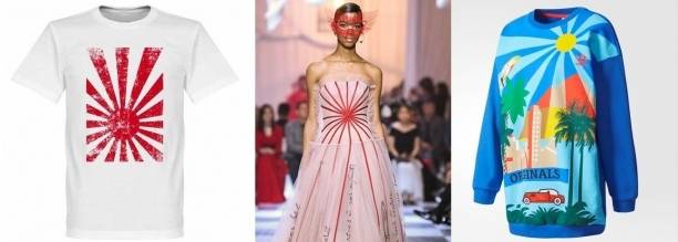 피파 공식 홈페이지에서 판매되고 있는 욱일기 티셔츠와 2018 디올 패션소에 등장한 드레스, 아디다스가 판매중인 티셔츠(왼쪽부터). [사진 각 회사]