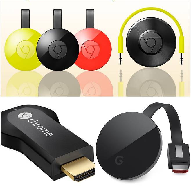 위부터 시계방향으로 크롬캐스트 2세대, 크롬캐스트 오디오, 크롬캐스트 울트라, 크롬캐스트 1세대.(김편 제공)