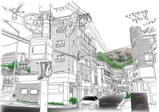 인왕산 아래로 흐르던 물길 위엔 빼곡히 들어선 아파트와 주택이 즐비하지만, 여전히 옛 모습을 그대로 간직한 공간이 있어 과거 예인들이 앞다퉈 찬사를 보낸 인왕산의 아름다움을 오늘까지도 짐작케 합니다. 일러스트 = 오성수 작가