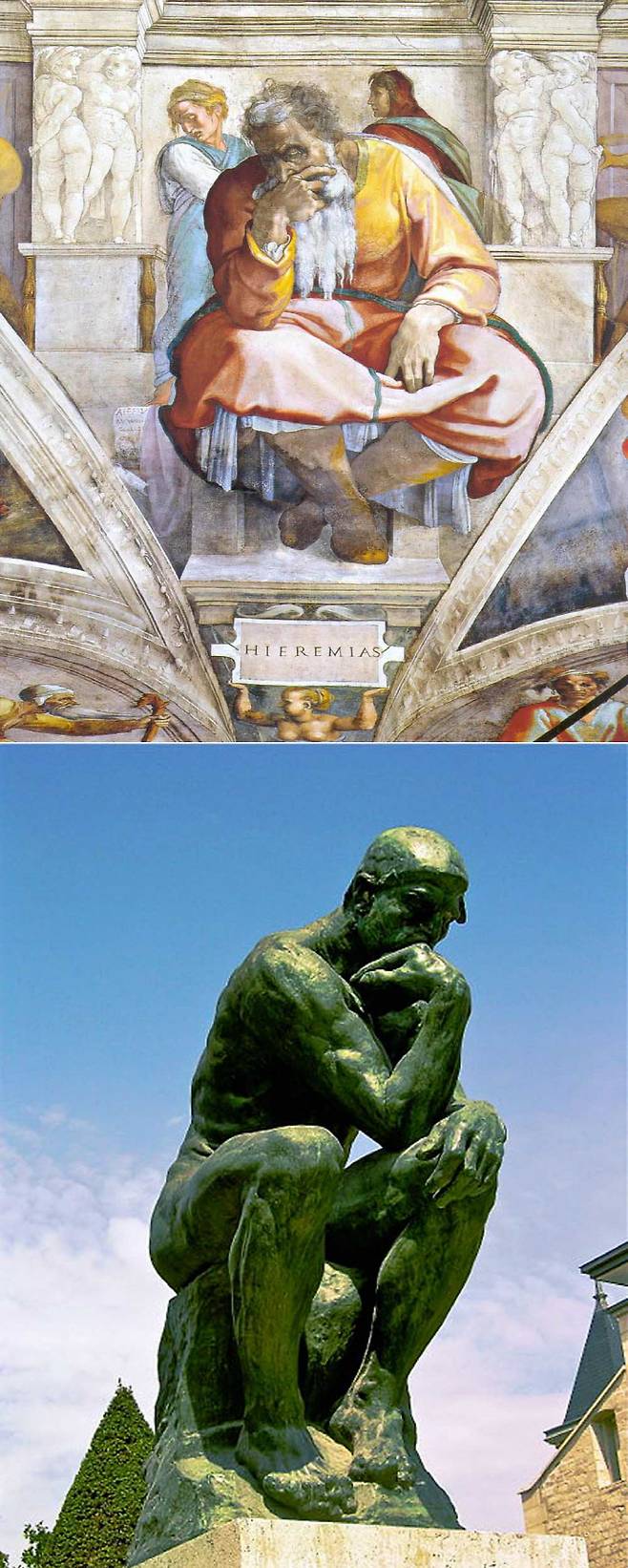 턱을 괴고 생각에 잠긴 자세는 미켈란젤로가 1508년 이탈리아 시스티나 성당에 그린 ‘예언자 예레미야’(위)의 모습에서 처음 나타난다. 이 자세는 1531년 완공된 메디치 분묘의 로렌초상으로 다시 등장하고 로댕의 ‘생각하는 사람’(아래·1902년)에도 영향을 미친다.