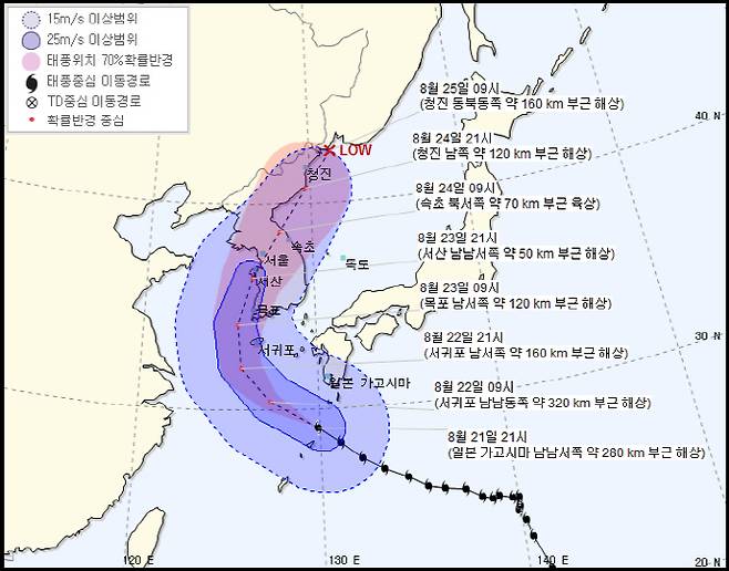 제 19호 태풍 솔릭(SOULIK) 예상 이동경로. 솔릭은 미크로네시아에서 제출한 이름으로 전설 속의 족장을 칭한다 (사진=기상청 날씨누리 홈페이지)