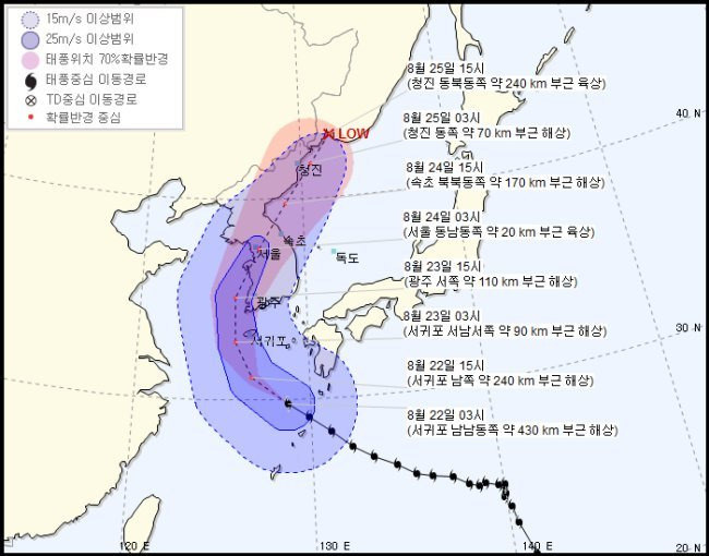 제 19호 태풍 솔릭의 예상 경로와 한반도를 지나는 시간을 나타냈다-기상청 제공