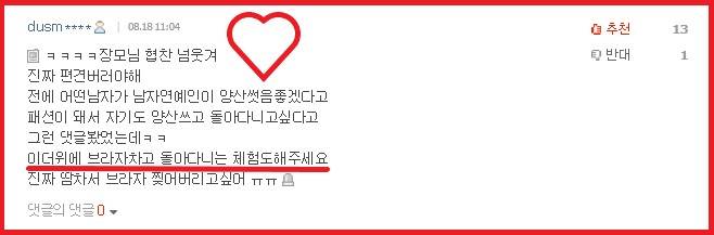18일 나간 '꽃무늬 양산' 체헐리즘 기사에 달린 댓글. 한 독자가 '더위에 브라자차고 돌아다녀달라'고 요청하고 있다. 독자 말처럼 땀이 차고 습하고 더워 브라를 찢고 싶은 순간이 많았다. 깨달음을 얻게 해줘 감사한 마음에 빨간색 하트 표시를 해봤다./사진=포털사이트 기사 댓글 캡쳐