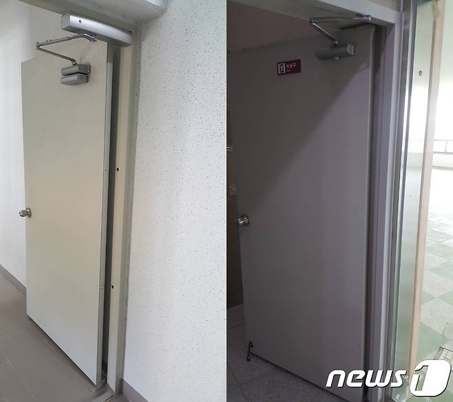왼쪽 방화핀이 설치된 방화문. 오른쪽 방화핀이 설치되지 않은 방화문(인천지방경찰청 제공)2018.9.4/뉴스1 © News1 박아론 기자