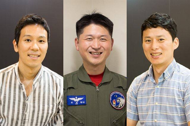 3일 서울 중구 한국일보 사옥에서 만난 한민규(38ㆍ왼쪽)씨와 이광국(39ㆍ오른쪽)씨. 5일 강남에서 만난 손정환(39ㆍ가운데)중령은 이 인터뷰를 위해 평일에 부대가 있는 청주에서 서울까지 올라오는 수고를 아끼지 않았다. 이들은 모두 보건복지부가 운영하는 아빠들을 위한 육아정보 커뮤니티, ‘100인의 아빠단’ 8기로 활동 중이다. 박지윤 기자