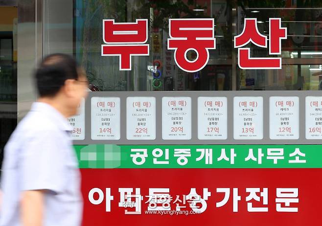 14일 한 시민이 매매가 10억원대 매물정보가 게시된 서울시내 공인중개사사무소 밀집상가를 지나가고 있다. 김창길 기자 cut@kyunghyang.com