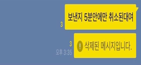 카카오톡 메시지를 삭제할 경우 보이는 문구. [사진 블로그 캡처]