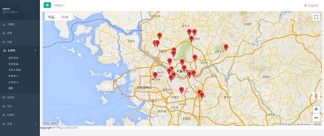 위키박스가 개발한 중앙 관제 시스템. 무인택배함 위치와 보관내역, 이용현황, 수령정보 등 다양한 데이터를 누적/관리할 수 있다. 출처: 위키박스