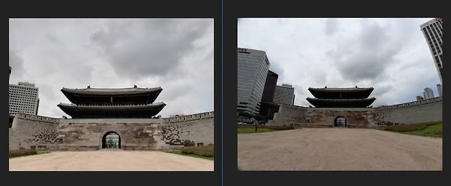 삼성전자 갤럭시A7의 표준 렌즈(왼쪽)와 광각 렌즈(오른쪽)로 찍은 숭례문 모습. 삼성전자 제공.
