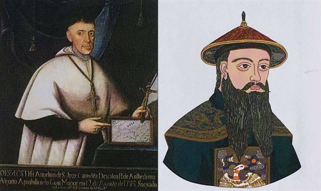 구베아(왼쪽) 주교 초상화. 그는 조선에 한자 8,000자에 달하는 사목 교서를 작성해 보냈다. 오른쪽은 윤유일과 면담하고 영세를 주었던 로 신부의 초상화.