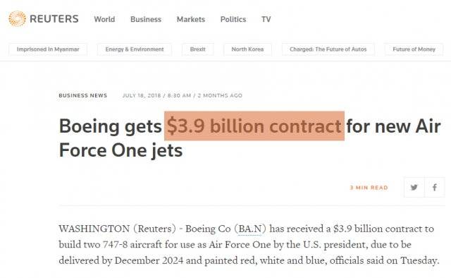 미국 백악관이 39억 달러(약 4조3300억 원)에 새 대통령전용기를 구입하기로 계약했다는 외신 보도.