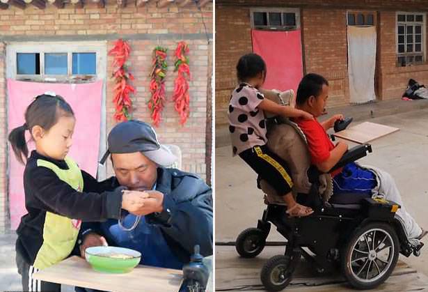 아버지에게 음식을 직접 떠먹여주고 산책도 함께 한다.