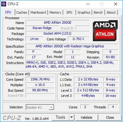 CPU-Z로 확인한 AMD 애슬론 200GE의 내부 사양
