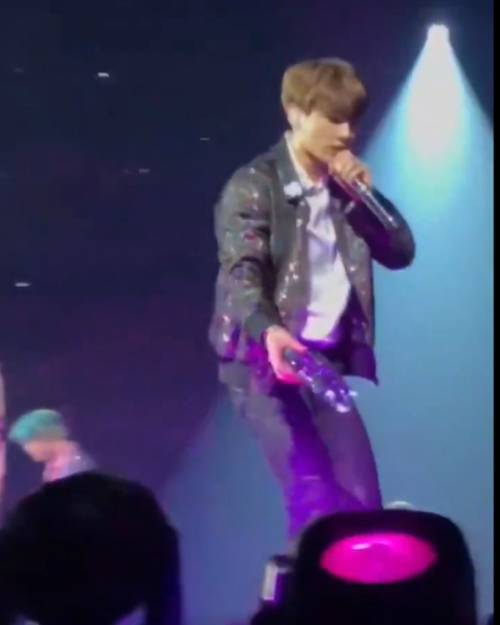 방탄소년단 정국이 파리공연 중 실신한 팬을 보고 황급히 관중석으로 달려가 보안요원에게 물병을 건네는 모습. 사진= 트위터 캡처