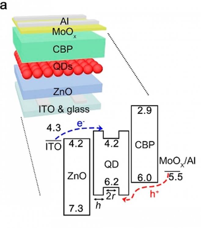 QLED의 일반적인 구조. 안쪽에 양자점 발광층이 자리하고, 아래 부분에서는 전자가, 위에서는 전자가 빠진 빈 공간(홀, 양공 또는 정공)이 주입된다. 전자와 홀의 불균형이 양자점 성능을 떨어뜨린다. - 사진 제공 ACS NANO