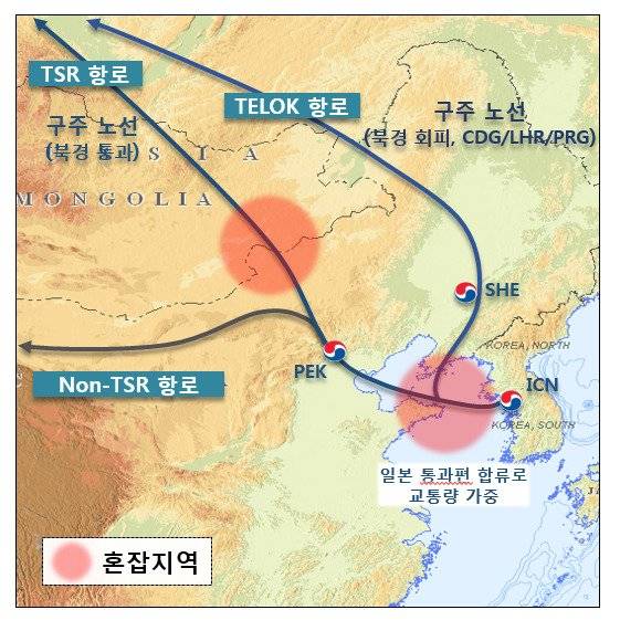 베이징 항로의 혼잡 지역 분포도.