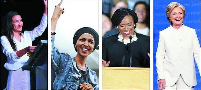 지난 6일 밤 의회 선거 승리를 확인하는 여성 당선자들. 왼쪽부터 생머리에 밝은 캐주얼 차림의 알렉산드리아 오카시오-코테즈(29) 뉴욕 하원의원, 무슬림 히잡에 검은 매니큐어를 매치한 일한 오마르(37) 미네소타 하원의원, 보수적인 진주 목걸이 대신 흰 꽃목걸이를 건 아야나 프레슬리(44) 매사추세츠 하원의원이다. 맨 오른쪽은 2016년 대선 당시 고급스럽고 점잖은 바지 정장을 고수했던 힐러리 클린턴의 연설 모습이다. /USA투데이·AP·인스타일