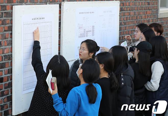 2019학년도 대학수학능력시험 예비소집일인 14일 오후 대구 달서구 경화여자고등학교에서 수험생들이 수험번호와 시험실을 확인하고 있다. 2018.11.14/뉴스1 © News1 공정식 기자