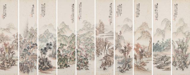 노수현과 이상범이 5폭씩 그린 10폭짜리 병풍화 ‘사계산수도’. 왼쪽 폭이 노수현, 오른쪽 5폭이 이상범의 그림이다. /사진제공=국립현대미술관