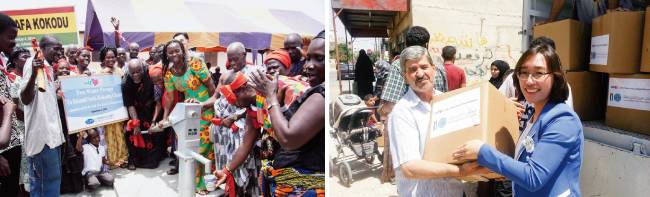 위러브유가 가나 에쿰피 스라파 코코두 마을에 물펌프 2대를 설치했다. 깨끗하고 시원한 물이 쏟아지자 주민들이 기쁨과 감동을 만끽하고 있다(왼쪽). 2017년 6월 위러브유 회원들이 요르단 난민촌에 거주하는 시리아 난민들의 건강과 생활을 돕고자 식료품을 지원했다.