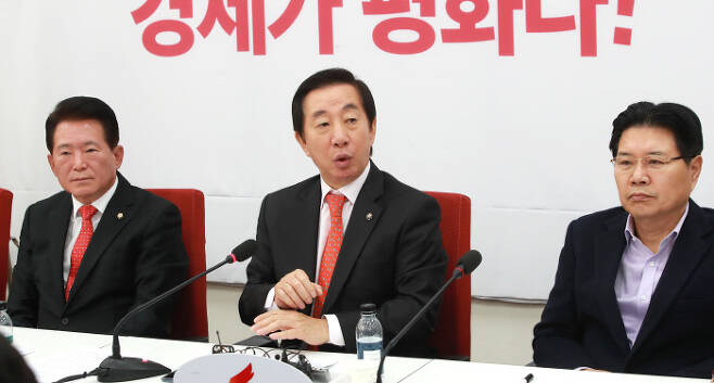 자유한국당 김성태 원내대표(가운데)가 30일 오전 국회에서 유치원 3법관련 기자회견을 열고 발언하고 있다.   | 연합뉴스