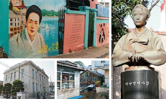 사진 왼쪽부터 시계방향으로 노적봉으로 오르는 골목에 그려진 ‘목포의 눈물’의 이난영 초상. 이난영 생가 자리에 조성된 기념공원의 동상. 동아부인상점 목포지점이 있던 건물에 들어선 복합문화공간 ‘나무숲’의 뒷마당. 목포근대역사관이 들어선 동양척식주식회사 목포지점 건물.