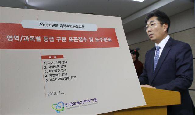 성기선 한국교육과정평가원장이 4일 정부세종청사 교육부에서 2019학년도 대학수학능력시험 채점 결과를 발표하고 있다. 연합뉴스