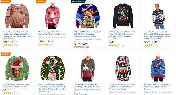 '어글리스웨터'가 연말, 크리스마스 시즌 새로운 트렌드로 떠올랐다. 미국, 캐나다 등지에서 2010년부터 어글리스웨터 파티가 유행하며 여러 기업에서 어글리스웨터를 생산하고 있다. [사진 출처 = 아마존 홈페이지 캡처]
