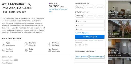 미국 서부 팰러앨토 지역에 있는 한 아파트의 웹사이트. 한 달 월세 2200달러이고, 보증금(deposit) 역시 한달치 월세와 같은 2200달러라고 써있다. [화면 캡처]