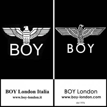 ’합법적 가짜’인 보이런던 이탈리아 상표(왼쪽)와 진짜 보이런던. 로고체와 수리의 머리 방향이 다르다./nss매거진