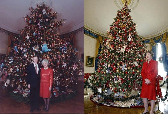 시어머니인 바바라 부시가 만든 크리스마스 트리(왼쪽 사진)를 로라 부시가 똑같은 주제로 다시 만들었다.(오른쪽 사진) [사진 백악관역사협회]