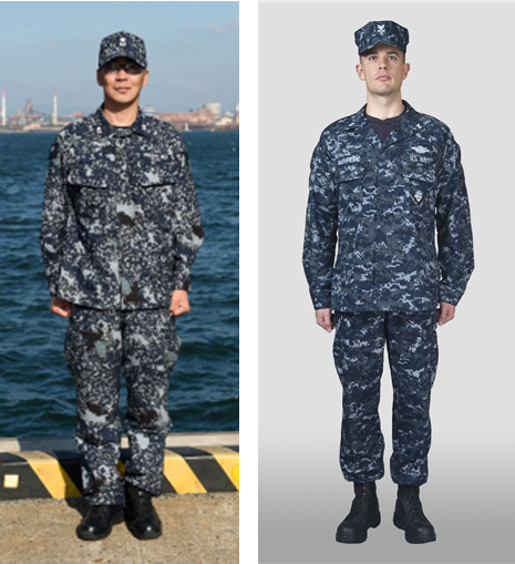 한국 해군의 신형 함상복(좌)과 미 해군의 구형 업무복(우) /출처= @서울경제, @미해군